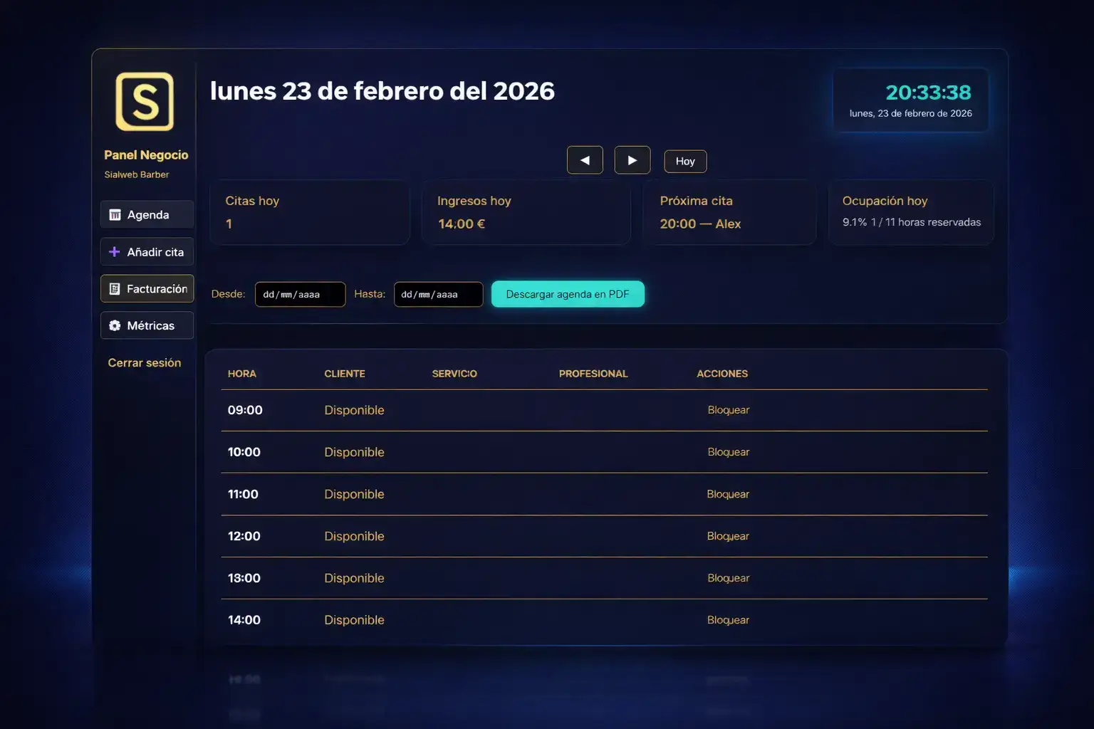 Vista de la agenda en tiempo real en el panel ReservaIA